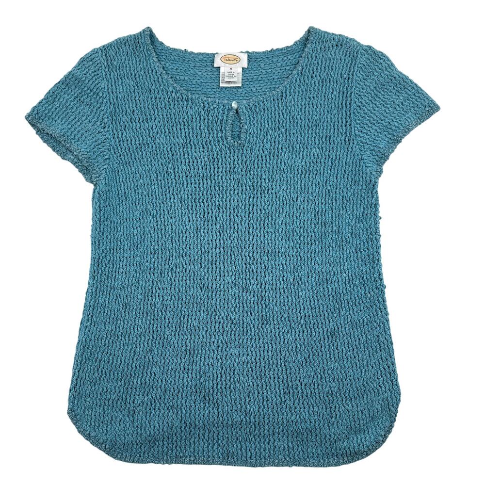 Vintage Talbots Crochet Knit Sweater Cotton Silk Blend Teal Blue Turquoise Sz M